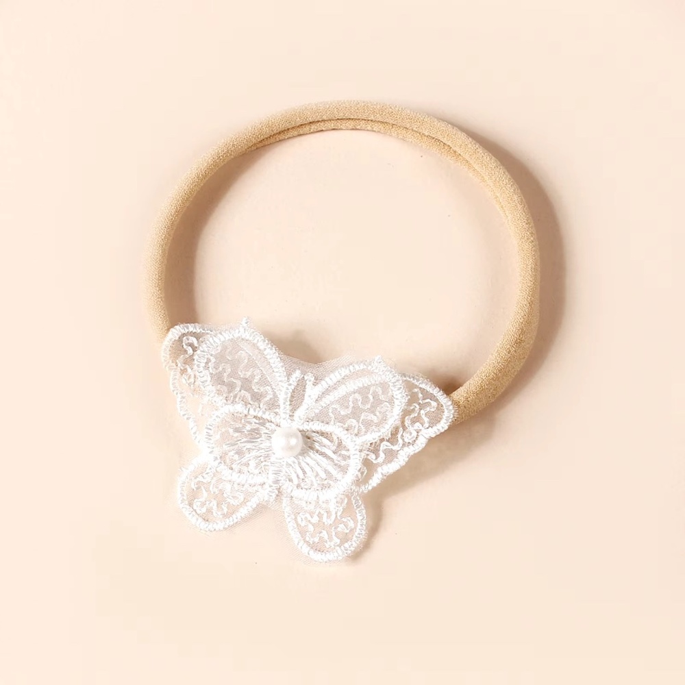 Baby Girls Embroidered Hair Band-Soft White Florals Lace Nylon Hairband